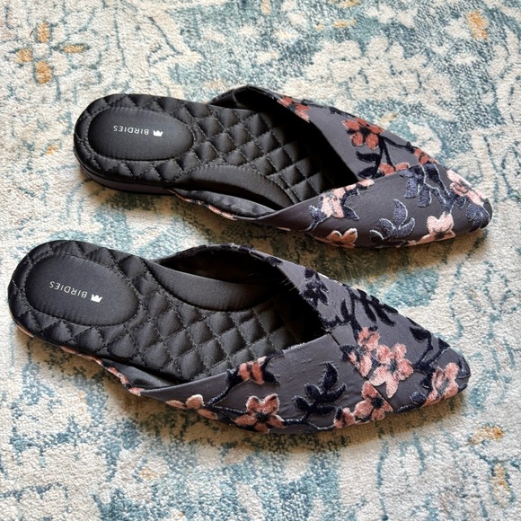Birdies The Swan Cherry Blossom Pointed Toe Mules Size 11 Grey Velvet Floral - Picture 2 of 7